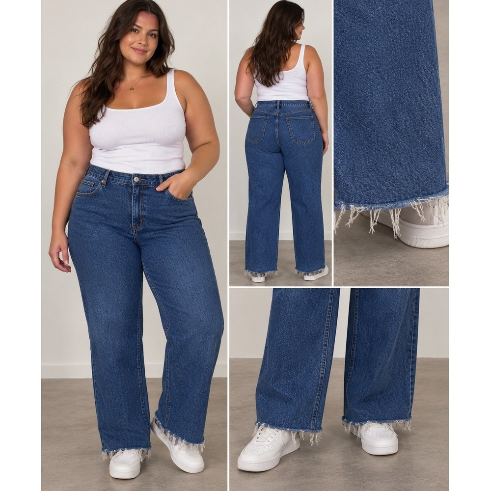 Mango Nora Wide Leg Jeans High Waist Dark Wash Raw Hem Women's Size 16 NEW